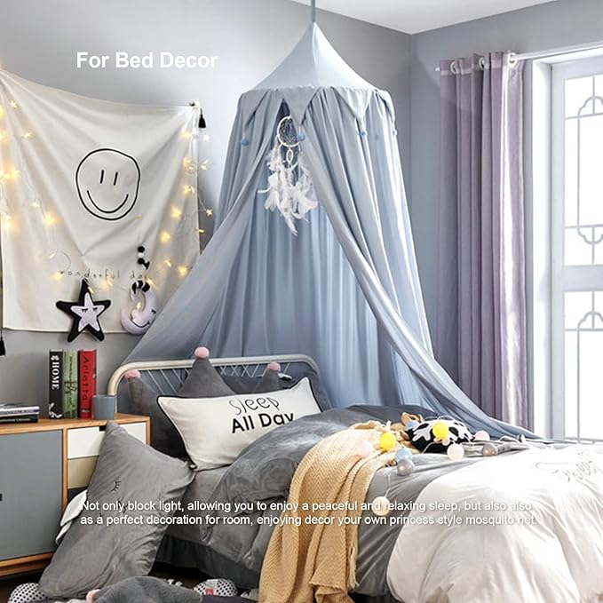 Bed Canopy for Girls, Round Dome Hanging Canopy for Baby Brib Kids Bed Room Decor Reading Nook Indoor Outdoor Playing Castle (Grey Blue)
