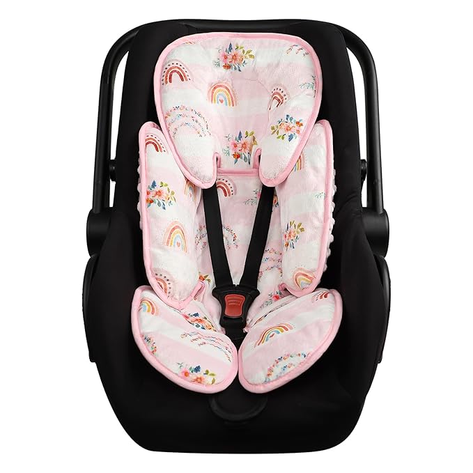 Pea Pod Infant Car Seat Insert 2-in-1 Baby Car Seat Head & Body Support for Newborn Preemie Carseat Stroller Cushion Pad Headrest with Soft Minky Dot Fabric Backing, Rainbow & Floral