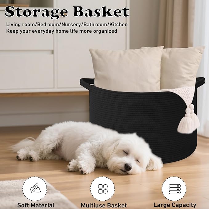 Large Blanket Basket for Organizing,65L Closet Organizers and Storage Bins Box for Shelves Woven Rope Storage Baskets,Living Room,Bedroom,Dorm,Laundry room (Black)