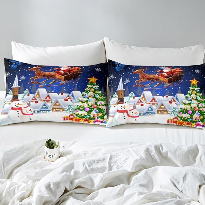 Manfei Christmas Duvet Cover Set Full Size, Snowman Xmas Tree Santa Claus Bedding Set 3pcs, Reversible Winter Snow Cabin Holiday New Year Quilt Cover with Zipper Closure, 2 Pillowcases, No Comforter