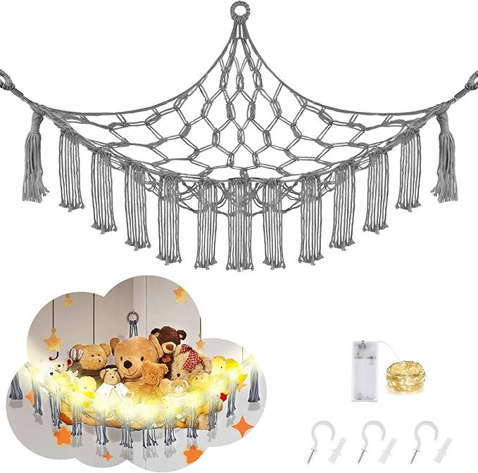 Stuffed Animal Hammock with LED Light, Large Stuffed Animals Storage Corner Plushie Net for Kids Room Decor, Jumbo Grey