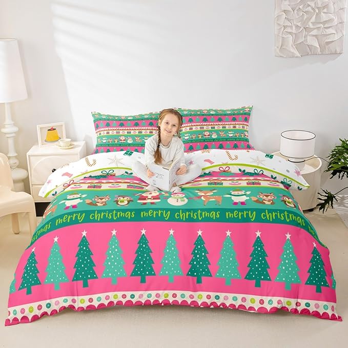 Christmas Bedding Set Cute Snowman Santa Claus Deer Comforter Cover for Kids Christmas Tree Xmas Theme Duvet Cover Breathable Pink Geometric Stripes Bedspread Cover Room Decor Quilt Cover Toddler Size