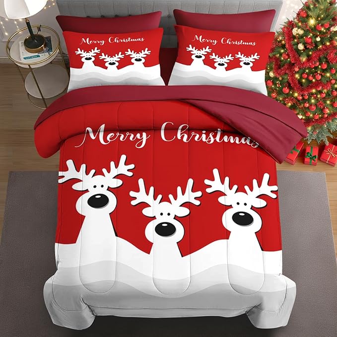 5 Pcs Twin Size Christmas Comforter Set with Pillowcase & Sham, Cute Cartoon Reindeer Bedding for Kids and Adults, Winter Merry Xmas Bed in a Bag with Flat Fitted Sheet