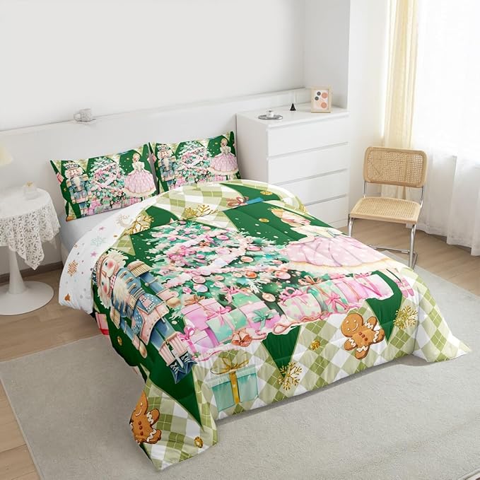 jejeloiu Christmas Nutcracker Comforter Set Twin Size Gingerbread Man Bedding Set for Kids Boys Girls Xmas Tree Duvet Quilt Green Bedroom Decor