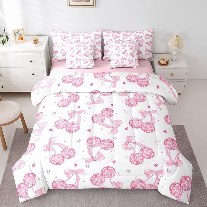 7 Pieces Pink Bowknot Princess Comforter Set King,Disco Crystal Ball Western Cowgirl Bedding Set,Stars Bow Tie Sweet Romantic Dreamy（Comforter+Fitted+Flat Sheet+2 Pillowcases+2 Throw Pillow Covers）