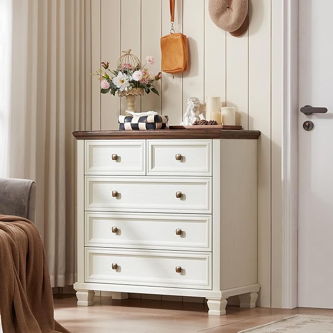 Farmhouse Bedroom Dresser and Nightstand Set of 4, 6 Drawer Tall & 5 Drawers Dresser & 3 Drawer Nightstand Set with Wooden Legs, Rustic Wood Furniture for Bedroom, Hallway, White