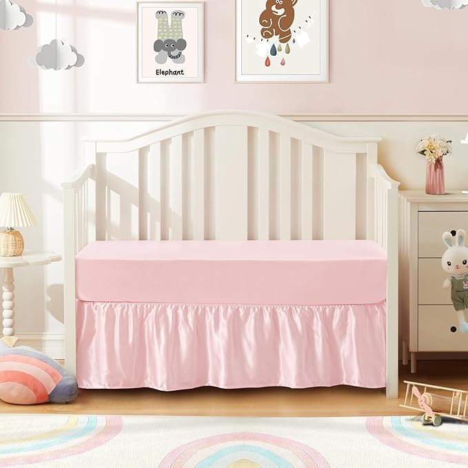 SiinvdaBZX 2-Piece Set Satin Crib Sheets & Crib Bed Skirt, 52" x 28" Silky Soft Ruffled Baby Crib Skirt with Adjustable Elastic 14" Drop, Fit for Standard Crib & Toddler Bedding (Pink)