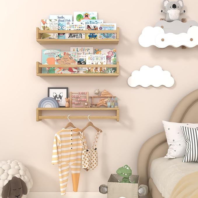Floating Nursery Book Shelves for Wall, 23.6 Inch Nature Solid Wood Wall Mounted Bookshelf Set of 3, Hanging Bookshelves for Kids Room, Bedroom Nursery Decor and Book Storage (Wood-B)