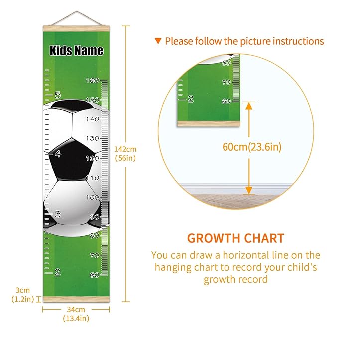 Personalized Kids Name Growth Chart Ruler for Wall Wood Frame Height Measure Chart 13.4x56 in Linen Hanging Height Growth Chart Football Soccer Kids Room Decor