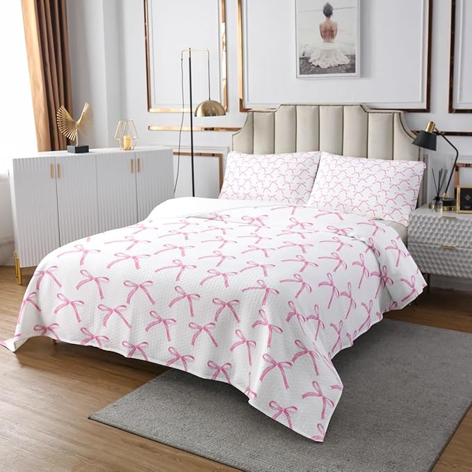 Cartoon Bowknot Kids Bedspread King Size,Pink Bow Tie Butterfly Knot Princess Coverlet Set,Girls Women Room Decor,Watercolor Bow Patchwork Quilted Coverlet,Pink White Bedding Quilt,2 Pillowcases