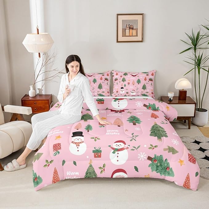 Feelyou Pink Christmas Comforter Set Toddler Size Snowman Bedding Set for Kids Boys Girls Xmas Tree Duvet Quilt Bedroom Decor Microfiber 2 Pcs with 1 Pillow Cases