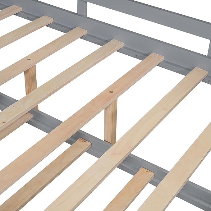Full Size House Bed with Roof and Window for Kids, Wooden Playhouse Bed with Storage Shelves and Trundle for Bedroom Furniture Girls & Boys (Grey/T2)