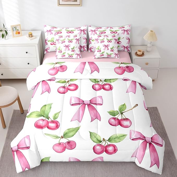 7 Pieces Pink Bowknot Girls Comforter Set King Size,Cherry Tropical Fruit Bow Patchwork Bedding,Bow Tie Butterfly Knot Princess Dreamy（Comforter+Fitted+Flat Sheet+2 Pillowcases+2 Throw Pillow Covers）