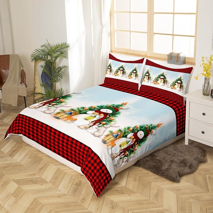Manfei Red Plaid Duvet Cover Set Full Size, Snowman and Xmas Tree Print Bedding Set 3pcs for Kids Boys Girls Bedroom Decor, Christmas Theme Comforter Cover with 2 Pillowcases,No Comforter