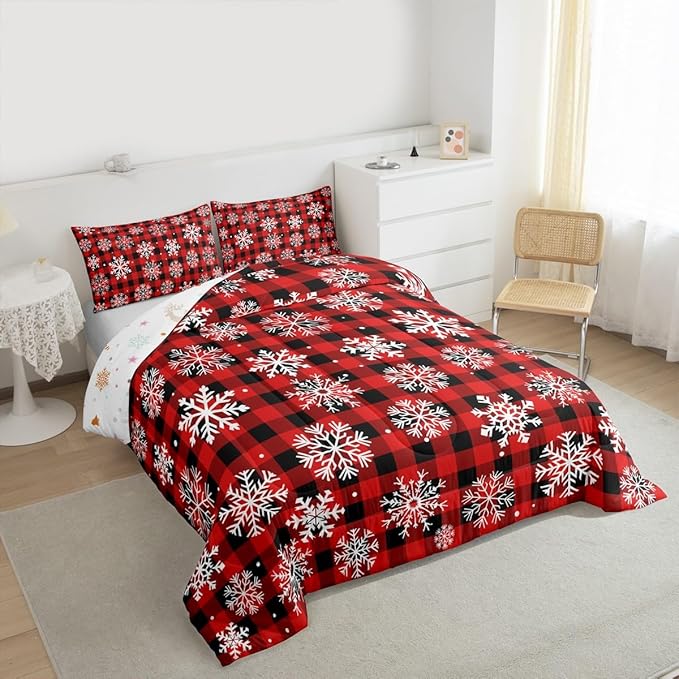 Feelyou Christmas Comforter Set King Size Red Black Plaid Bedding Set for Kids Boys Girls Winter Snow Duvet Quilt Snowflake Red Bedroom Decor Microfiber 3 Pcs with 2 Pillow Cases
