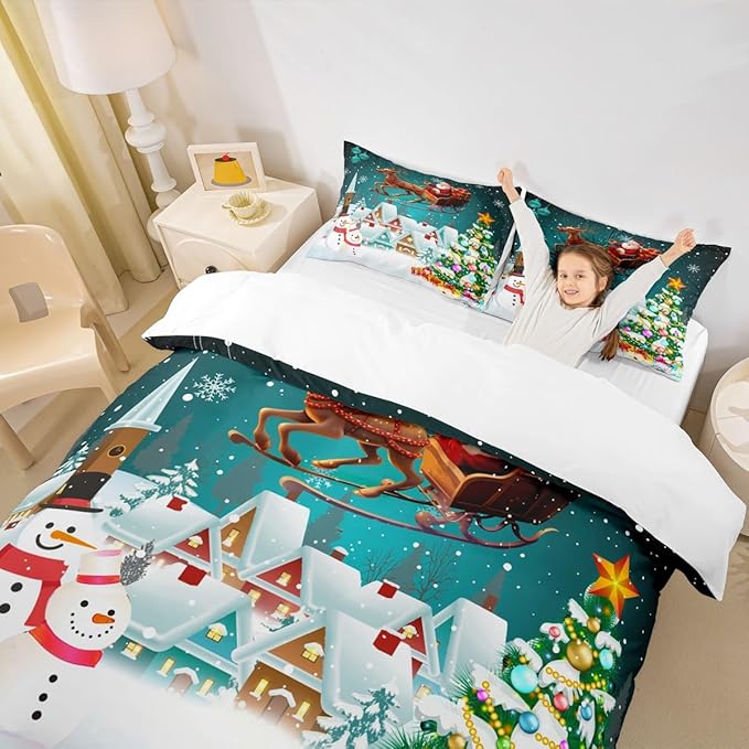 Manfei Christmas Duvet Cover Set Queen Size, Xmas Tree Snowman Bedding Set for Kids Boys Girls, Santa Claus with Reindeer Comforter Cover New Year Theme Quilt Cover with 2 Pillowcases, No Comforter