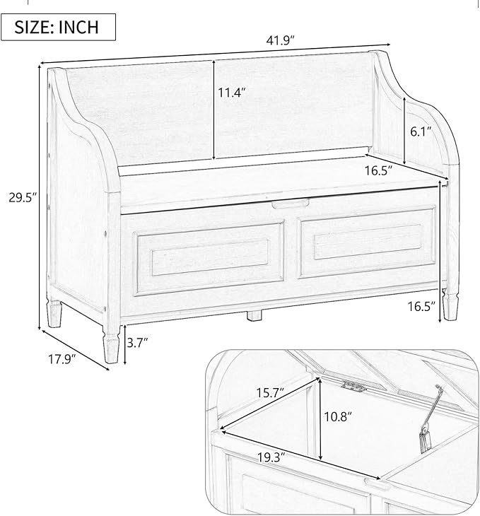Merax Storage Bench, 41.9” Solid Wood Storage Chest with Backrest and Safety Hinge, Large Storage Space Bench with Upholstered Cushions,Supports 250 lb and Easy Assembly for Small Space, Antique Navy