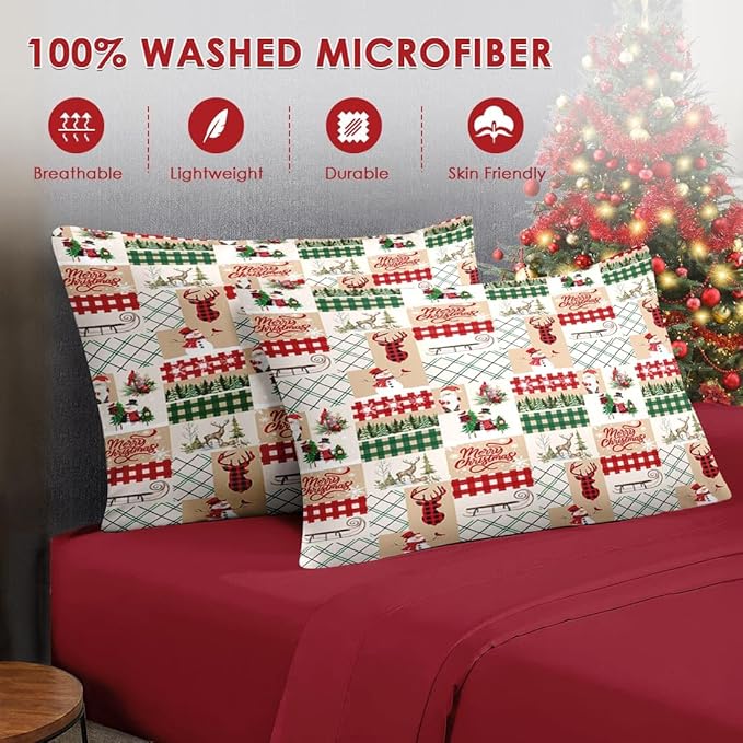 7 Pcs Queen Size Christmas Comforter Set with 2 Pillowcases & 2 Shams, Winter Xmas Plaid Bedding for Kids and Adults, Cute Snowman Reindeer Bed in a Bag with Flat Fitted Sheet