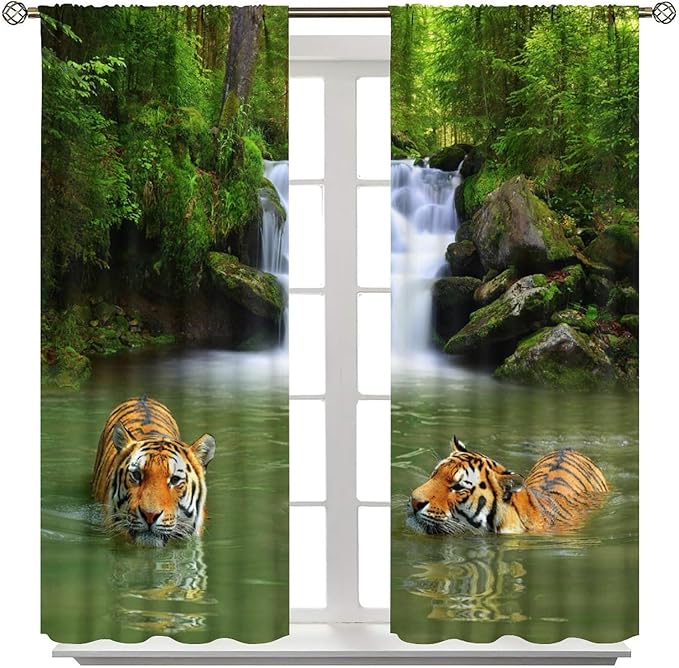 Forest Waterfall Landscape Blackout Window Curtains, Animals Tigers Waterfall Woodland Natural Window Drapes, for Living Room Bedroom 72" W X 63" L