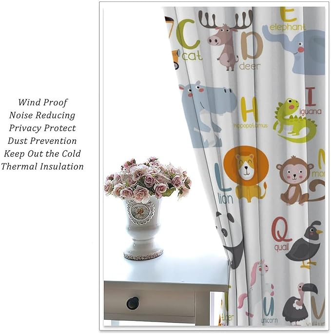 Kids Alphabet Curtains Funny Cartoon Educational Learning Cute Animal Zebra Curtain with Rod Pocket for Bedroom Living Room Decor Drapes Window Treatments 2 Panels Set 72" W X 63" L