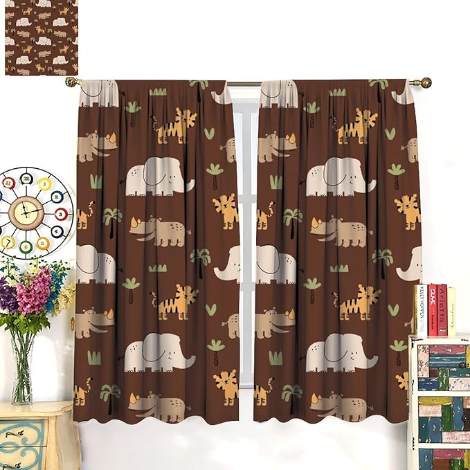 Jungle Safari Animals Blackout Curtains Cartoon Tropical Forest Animals Elephant Tiger Brown Art Print for Kids Boys Bedroom Nursery Rod Pocket Decoration Window Drapes 2 Panels W26xL84in