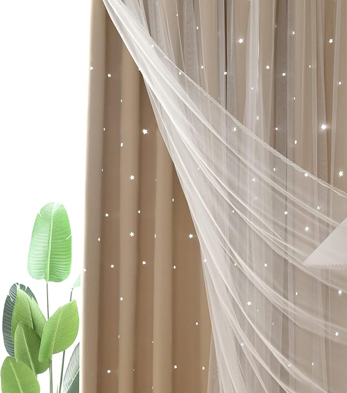Kinryb Kids Blackout Curtains for Bedroom/Living Room/Classroom, Sheer Overlay 2 Panel Set, Double Layer Curtains with Star Cutout for Kids Room(Each Piece W 70 x L 63 Inches 2 Pcs Beige)