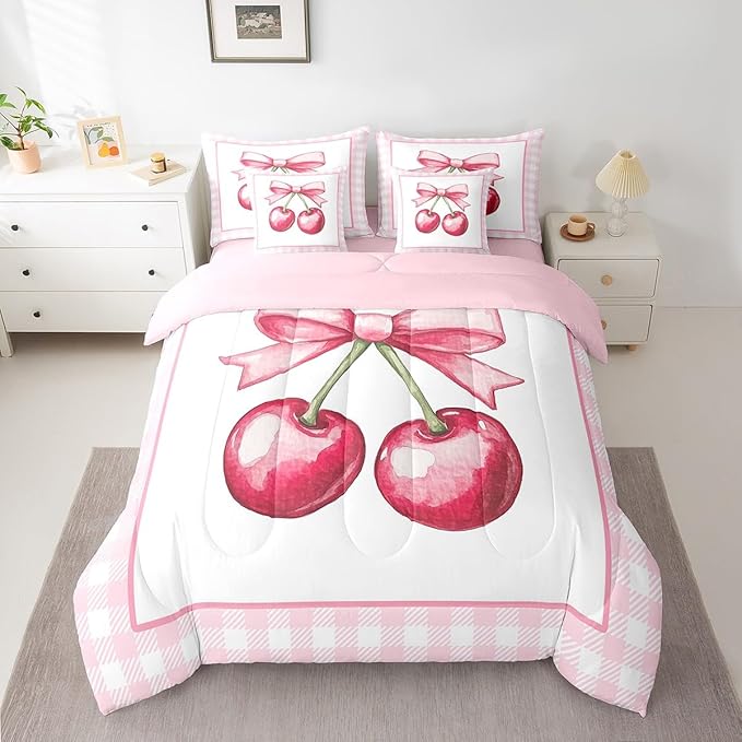 7 Pieces Cherry Bowknot Kids Comforter King,Geometric Plaids Grids Patchwork Fashion Bedding Set,Bow Tie Princess Dreamy Pink Cute（Comforter+Fitted+Flat Sheet+2 Pillowcases+2 Throw Pillow Covers）