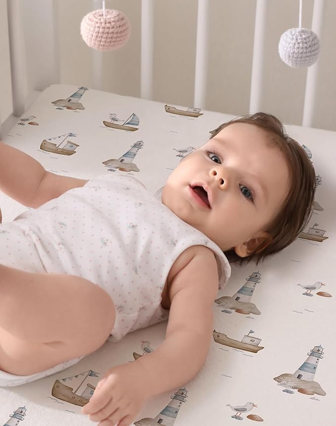 Pack and Play Sheets 2 Pack, Fitted Jersey Knit Mini Crib Sheets for Baby Boys and Girls, Compatible with Graco Pack N Play and Mini Crib Mattress (Sailing Waves, Pack N Play/Mini Crib Sheets)