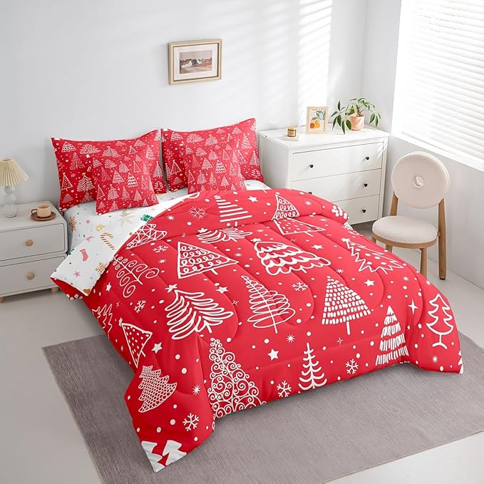 Feelyou Merry Christmas Bed Set Xmas Tree Cute Comforter Set with Sheets Red Chic Bed in a Bag Kawaii Stars Cartoon Bedding Set Bedroom Collection Queen Size