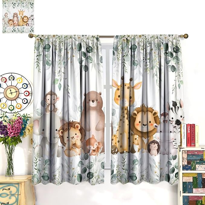 Kids Safari Animal Curtains Woodland Wildlife Jungle Animals Blackout Window Treatments for Boys Girls Bedroom Cute Cartoon Lion Nursery Children Drapes for Living Room W42xL45