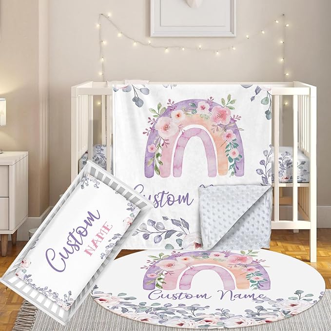Custom Baby Crib Bedding Set, 3 Pcs Personalized Nursery Bedding Set with Name, Soft Baby Bedding Crib Sets with Blanket - Toddler Crib Sets for Girls Boys, Infant Newborn Gifts, Purple Rainbow