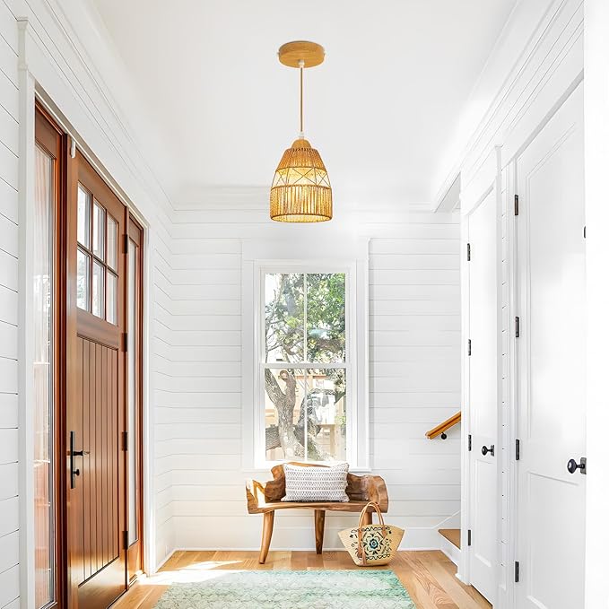 Boho Rattan Pendant Light Kitchen Island,Farmhouse Chandeliers Adjustable Height Hanging lamp for Dining Room,Small Kitchen Ceiling Lights Fixtures with Hand Woven Wicker Lampshade Lighting