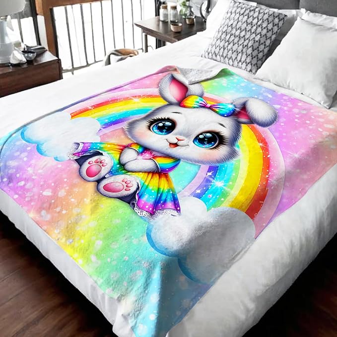Rabbit Blanket Gift for Girls, Bunny Throw for Kids Teens Daughter 50x60 Inches Soft Warm Lightweight Rainbow Throw Blankets for Sofa Couch Bed Travel
