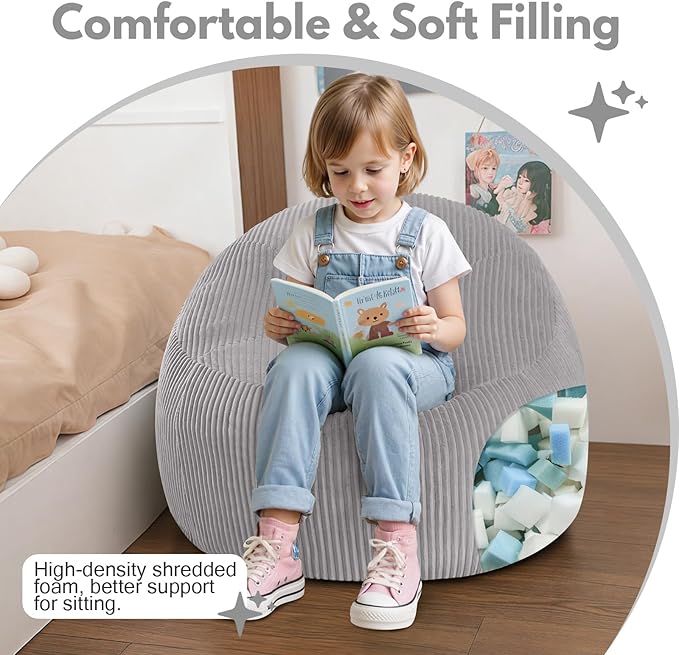COMAX Bean Bag Chairs for Kids, Toddler BeanBag Sofa with Filler Bean Couch Stuffed for Boys and Girls, Lazy Floor Chair for Playroom, Nursery Room, Light Grey
