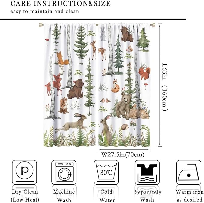 Animal Kids Curtains, Woodland Squirrel Rabbit Bear Animal Friends Forest Curtains for Boys and Girls Bedroom Living Room Kitchen 55x63in
