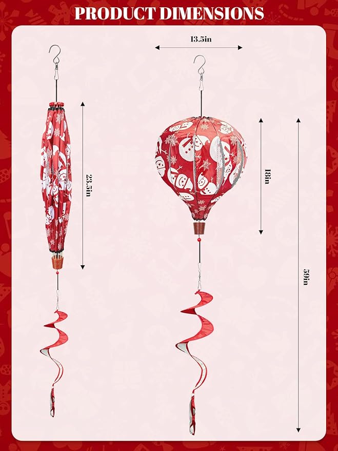 2PCS Giant Christmas Snowman Reindeer Hot Air Balloon Wind Spinners 14" W x 59" H Large Red&White Whirligig Wind Spinner Hanging Ornaments for Yard Garden Lawn Outdoor Decorations