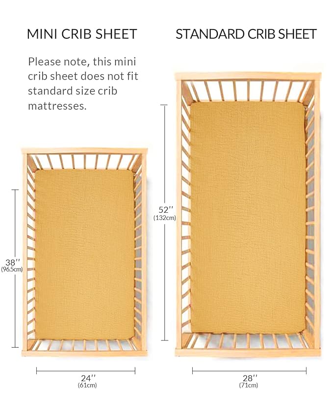 Mini Crib Sheets for Baby, Fitted Pack N Play Mattress and Mini Cribs 24" x 38", Neutral Muslin Cotton Mini Crib Mattress Sheet with Boho Style, Soft and Breathable Comfort (White)