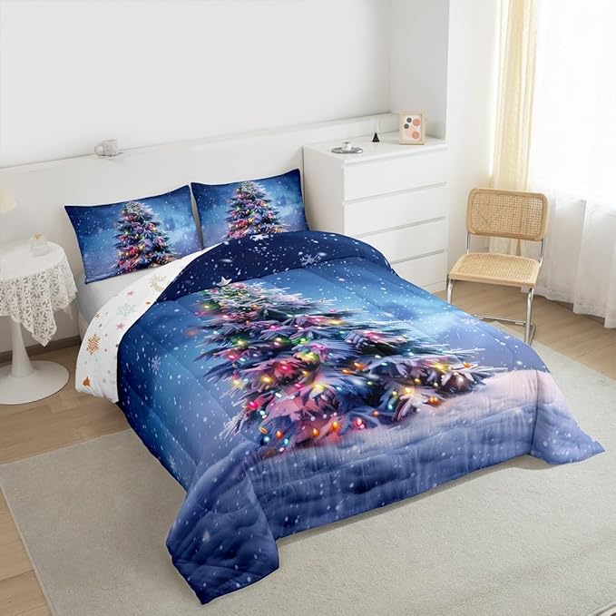 Feelyou Christmas Comforter Set All Season Xmas Tree Bedding Set with 2 Pillow Cases Colored Light Strips Microfiber Kids Full Bedclothes Snowflake Bedroom Decor Duvet Quilt Breathable Soft
