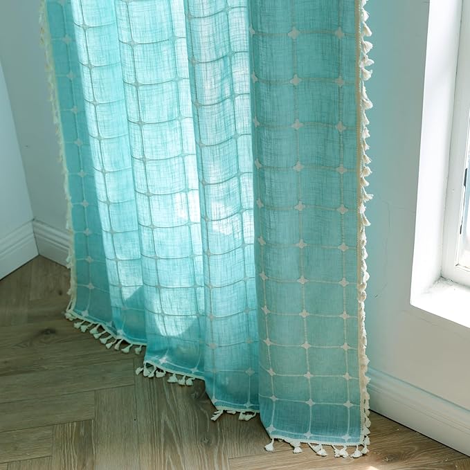 Deeprove Boho Plaid Curtains 63 inch for Home Office Kitchen Nursery Playroom, Semi Blackout Farmhouse Tassels Window Treatment Bohemian Embroidery Drape Rod Pocket 1 Panel 52" W x 63" L, Aqua