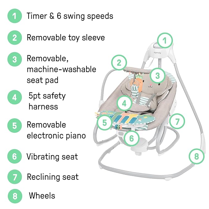 Ingenuity SimpleComfort Piano Playtime 4-in-1 Baby Swing & Rocker, Soothes & Grows with Baby, Rotating Seat Swings in 3 Directions, 6 Speeds & 12 Melodies, Removeable Rocker Seat, 0 Months to 2 Years