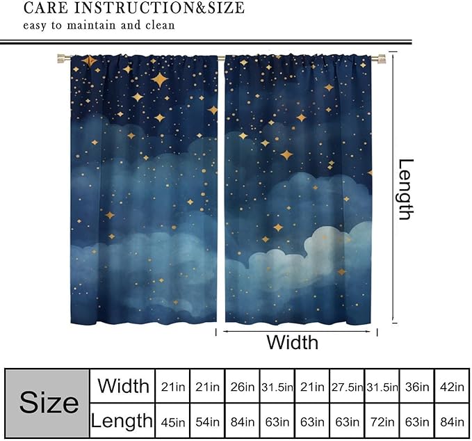 Night Sky Stars Curtain for Kids, Blue Starry Space Galaxy Pattern Window Treatments for Boys Girls Bedroom Toddlers Room Living Room Decor 42" W X 45" L