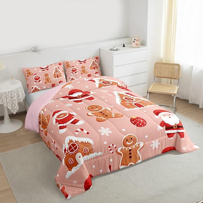 Feelyou Christmas Kids Comforter Set Twin Size Santa Bedding Set Gingerbread Man Duvet Quilt for Kids Boys Girls Bedroom Snowflake Decor Microfiber Ultra Soft Breathable