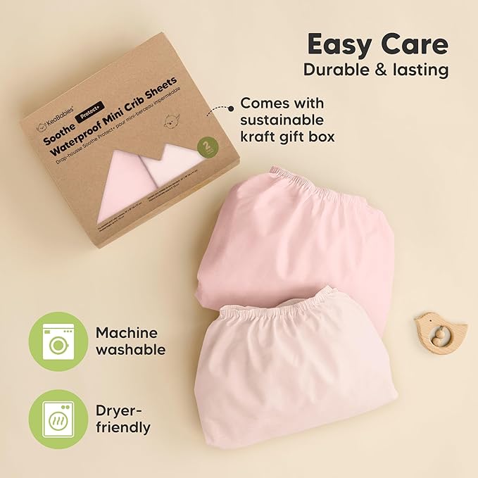 2-Pack Pack and Play Sheets, Waterproof Mini Crib Sheets Fitted - Organic Cotton Pack N Play Sheets for Graco Pack and Play Mattress, Playard Baby Crib Sheets, Neutral for Boy,Girl,Toddler (Mist Rose)