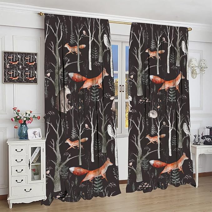 Rustic Forest Curtain, Woodland Country Hunting Animal Deer Fox Wildlife Bear Farmhouse Lodge Cabin Blackout Rod Pocket Windows Door Curtain for Bedroom Living Room Home Decor 63x72in