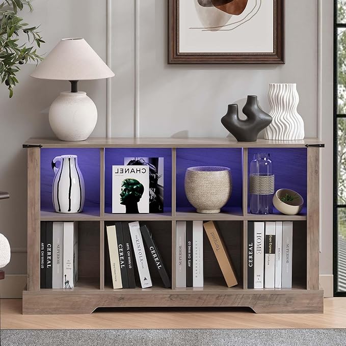8 Cube Storage Organizer, 2 Tier Book Shelf with Led Lights, Farmhouse Book Shelves for Living Room, Horizontal Toy Storage Bookshelf, Wood Display Bookcase Cabinet for Bedroom, Office, Grey