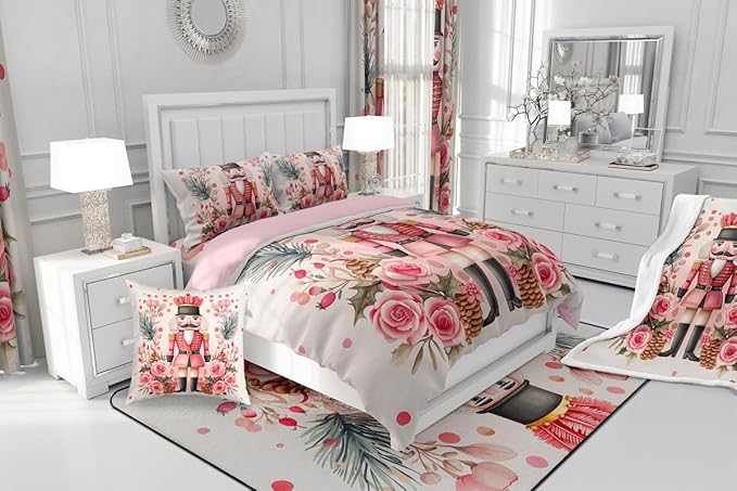 Feelyou Christmas Decor Nutcrackers Comforter Set All Season Pink Christmas Bedding Set with 2 Pillow Cases Funny Nutcracker Kids King Bedclothes Rose Decor Berries Duvet Quilt Soft Lightweight
