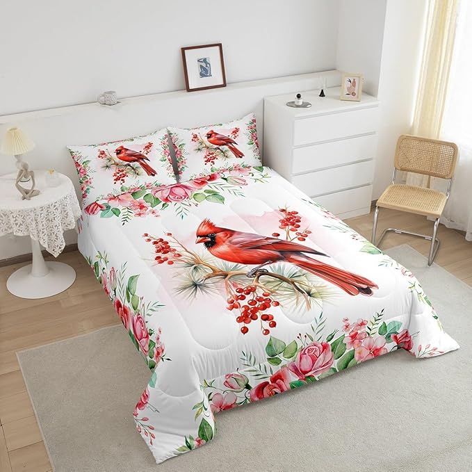 Christmas Bird Comforter Set Toddler Size,Watercolor Red Cardinal Berry Xmas Theme Bedding Set for Kids Girls Bedroom,Pink Floral Green Plant Painting Quilted Set with 1 Pillowcase, White