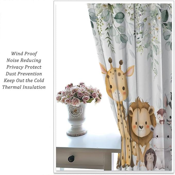 Kids Safari Animal Curtains Woodland Wildlife Jungle Animals Blackout Window Treatments for Boys Girls Bedroom Cute Cartoon Lion Nursery Children Drapes for Living Room W63xL63