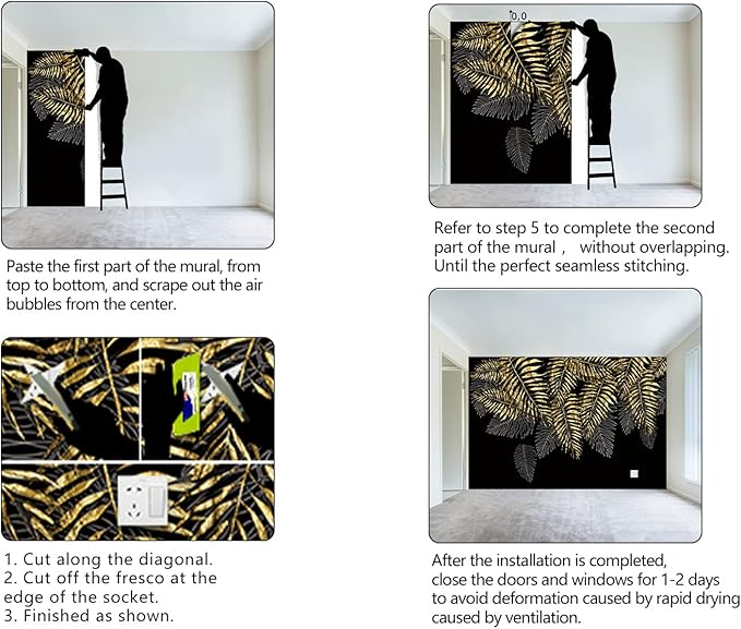 Black and Gold Leaf Mural Bedroom Tropical Botanical Wallpaper Room Plant Decor Living Room tv Background Large Wall Mural - 137"x96" (Not Peel and Stick)