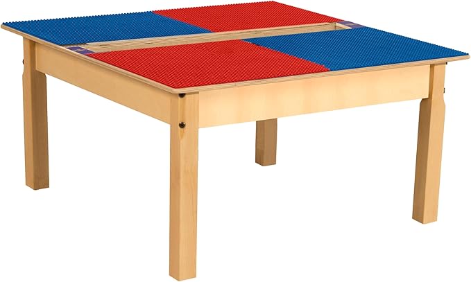 Time-2-Play Montessori Toddler's 35" W Square Birch Plywood Red and Blue Compatible with Duplo Blocks Table with 16" Long Legs, Solid Wood Desk for Playroom/Daycare/Preschool